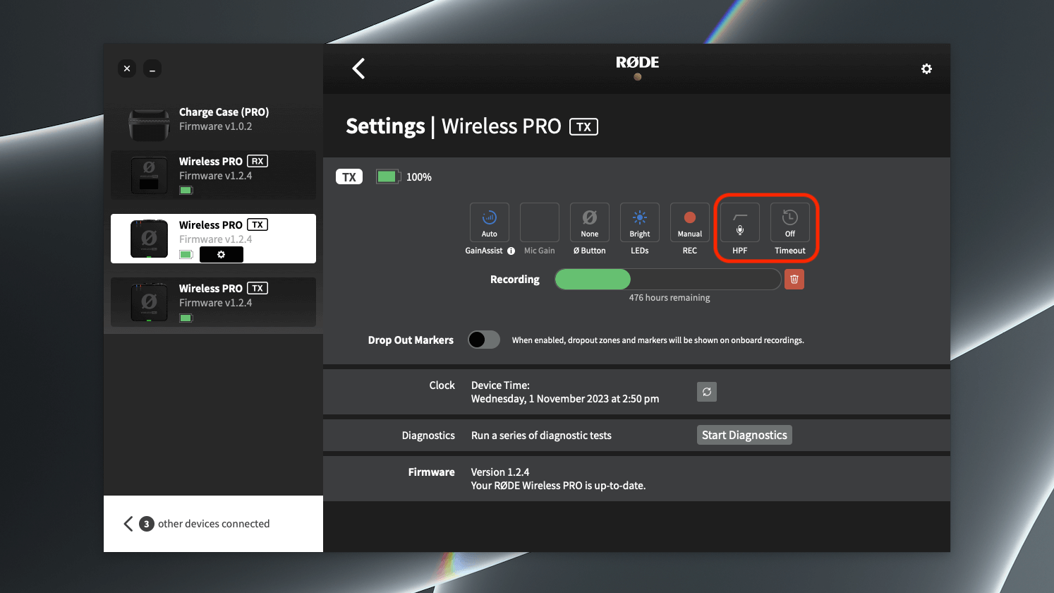 Wireless PRO High Pass Filter and Timeout features highlighted in RØDE Central